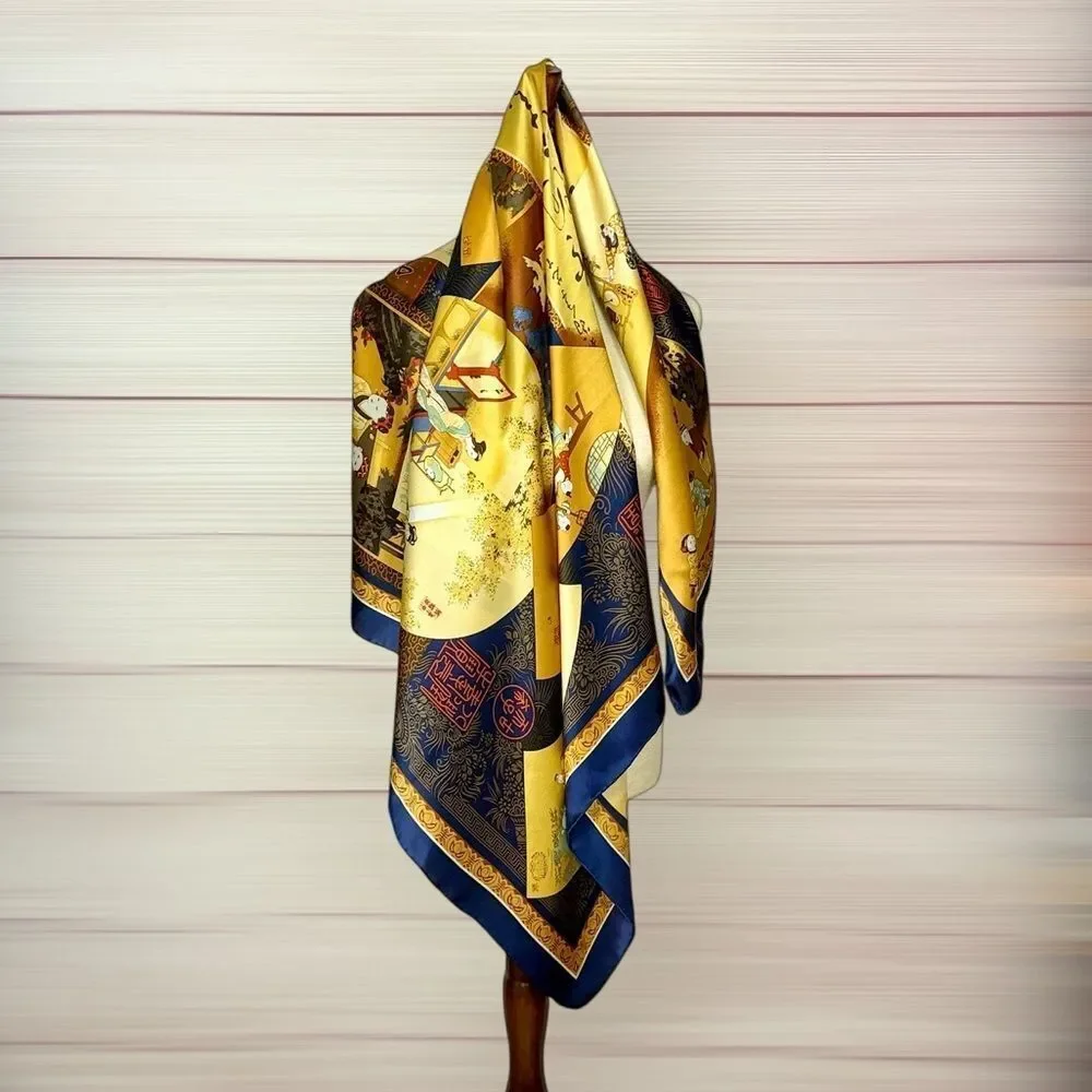 Chinese Mulberry Silk Scarf Blue Gold Calligraphy Children Scenes Nianhua Art